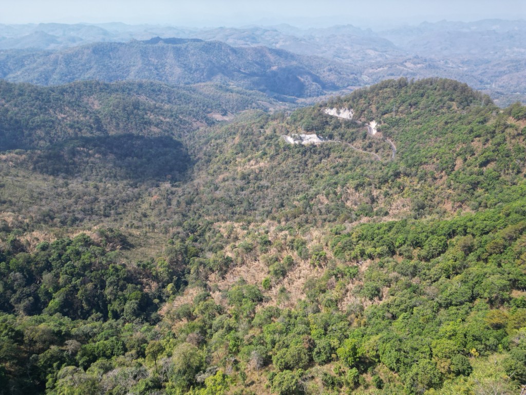 Winding mountain road through forested hills on the drive from Chiang Mai to Pai in northern Thailand.