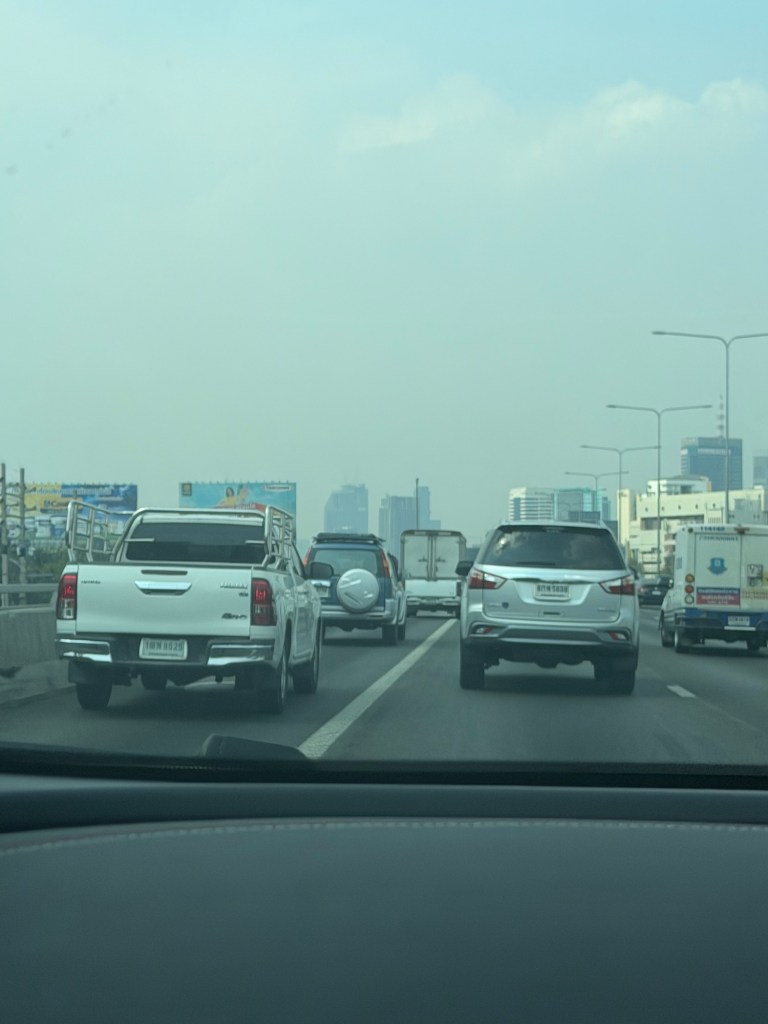 Bangkok traffic on a highway during our first weeks exploring the city with kids