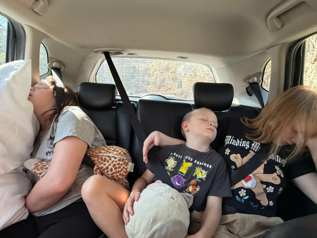 Kids sleeping in the backseat during the winding drive from Chiang Mai to Pai in northern Thailand.